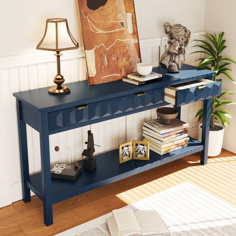 Modern 60" Console Table with 3 Drawers Honeycomb Design for Study Entryway Hallway