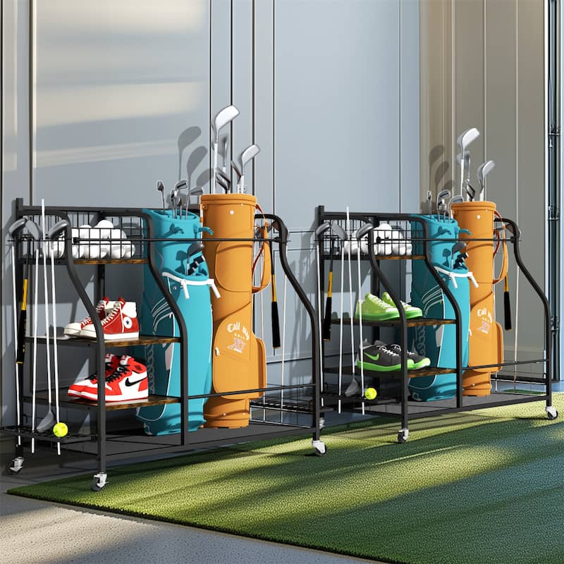 Multifunctional Golf Bags Organizer Rack Rolling Golf Equipment Storage Shelves on Wheels