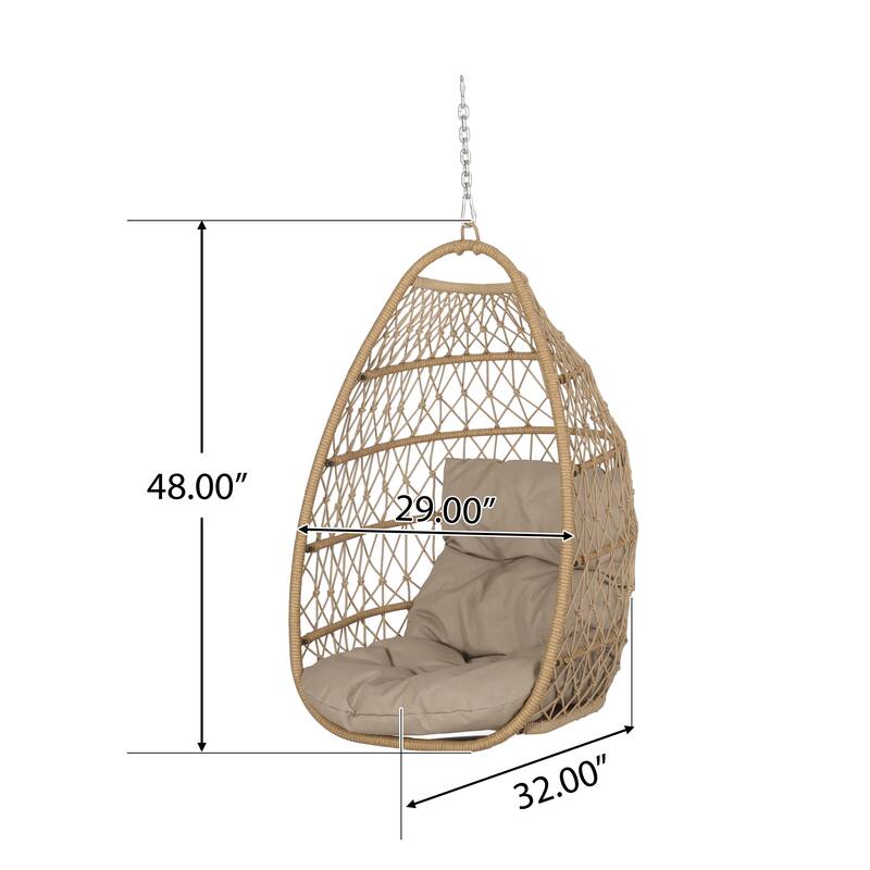 Roomfitters Hanging Wicker Egg Chair, Teardrop Rattan Swing Seat with Soft Tan Cushion and Steel Chain for Patio