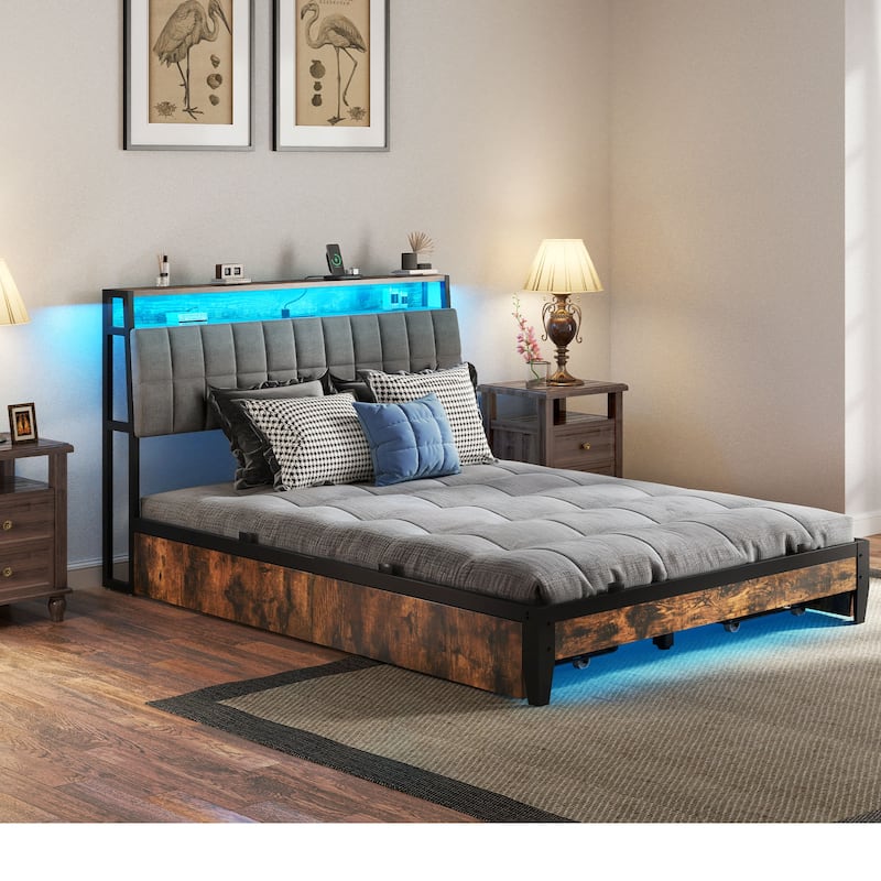 Upholstered Platform Bed with Charging Station and Storage Headboard