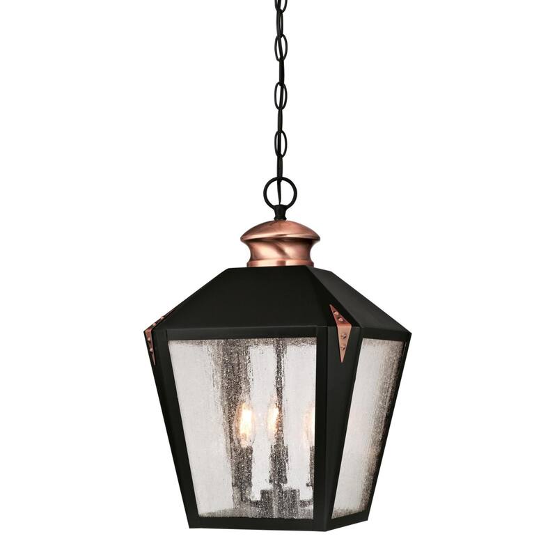 Westinghouse Valley Forge Three-Light Outdoor Pendant, Matte Black Finish with Washed Copper Accents and Clear Seeded Glass
