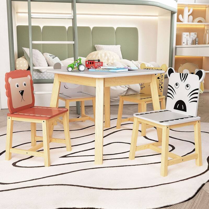 Kids 5 Piece Solid Hardwood Table and Chair Set for Playroom, Kitchen