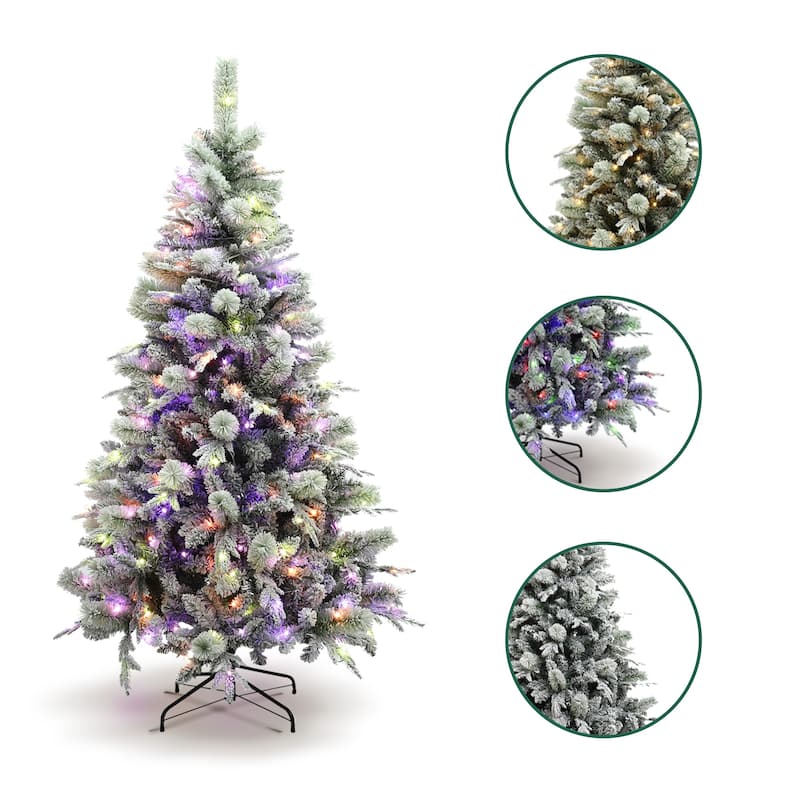 6Ft Full Artificial Snow-Flocked Christmas Tree with Lights, 10-Control & 3-Color Light Modes - 72" H x 41.3" Diameter