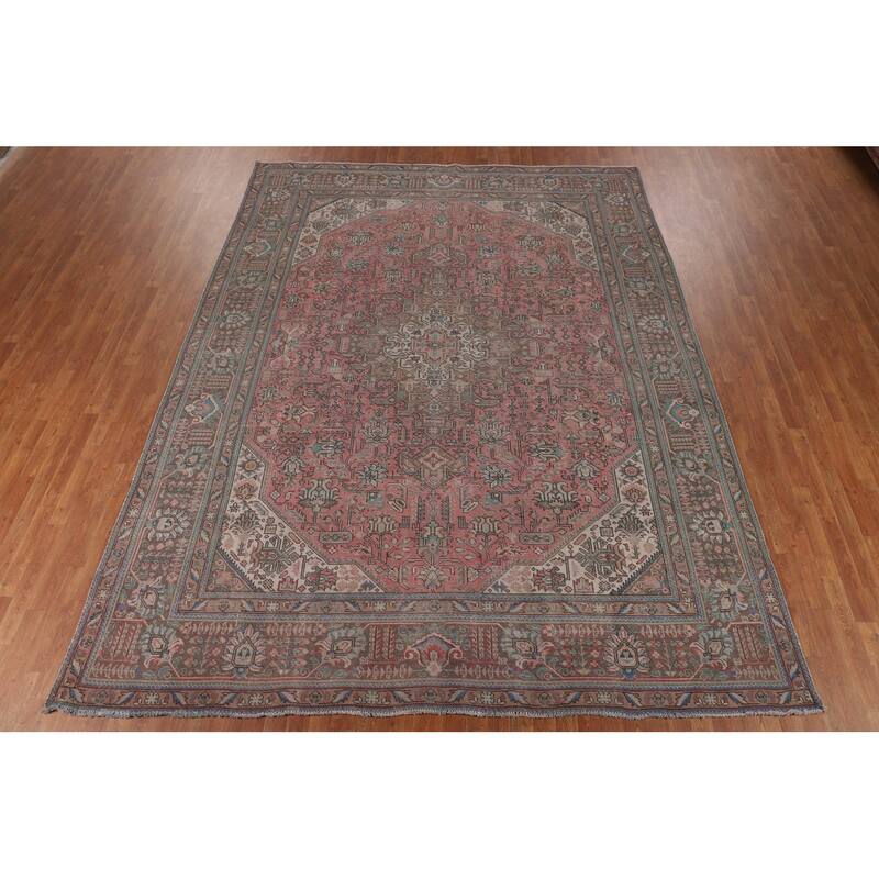 Pink Geometric Tabriz Persian Vintage Rug Hand-Knotted Wool Carpet - 9'6"x 12'4"