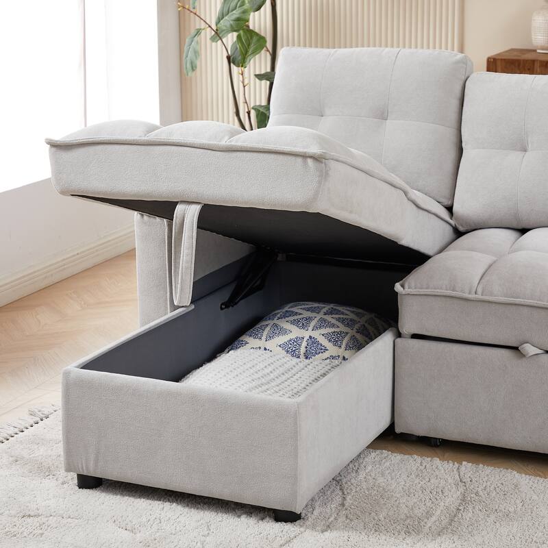 78.75" L-Shaped Reclining Sofa Bed, USB Ports, Storage, Arm Pocket, Light Grey Chenille