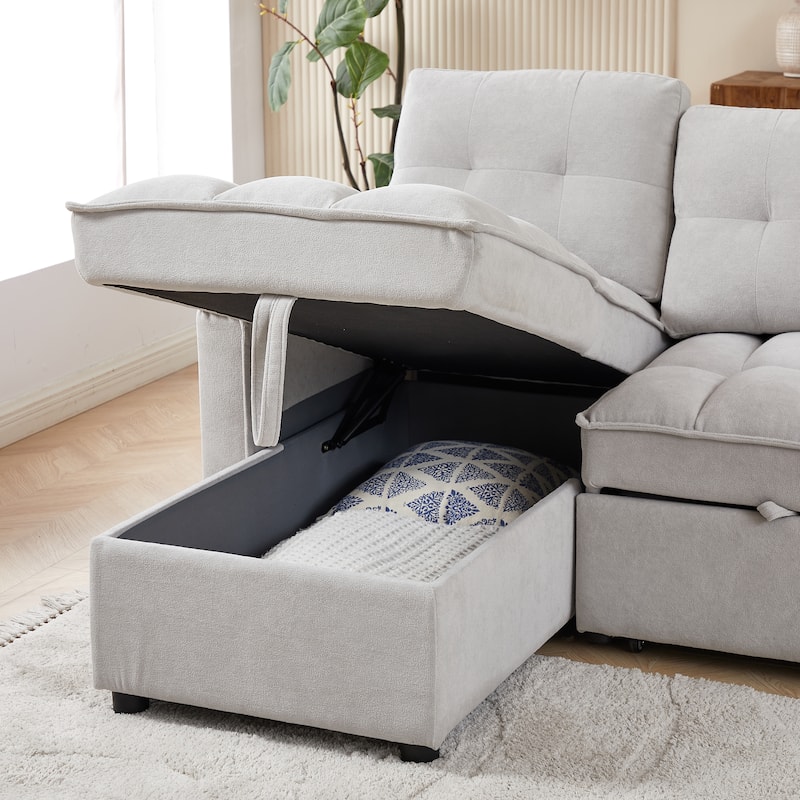 Modern Chenille L-Shaped Convertible Sofa Bed with Storage, USB and Type-C Charging Ports for Living Room
