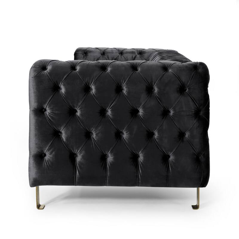 Nua Sofa, Chesterfield Tufted Black Velvet, 84 Inch, Modern Gold Legs