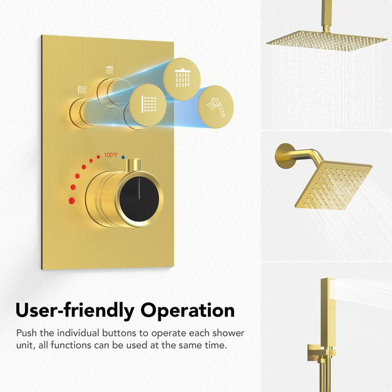 Dual Heads 12" Rainfall Shower head & High Pressure 6" Shower System w/ 3 Way Thermostatic Faucet