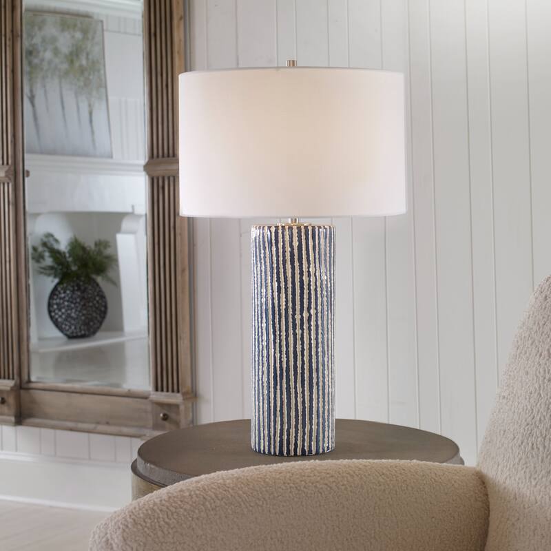 Glazed Stripe Table Lamp with Round Drum Shade - 27.5" - Blue and White