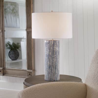 Glazed Stripe Table Lamp with Round Drum Shade - 27.5" - Blue and White