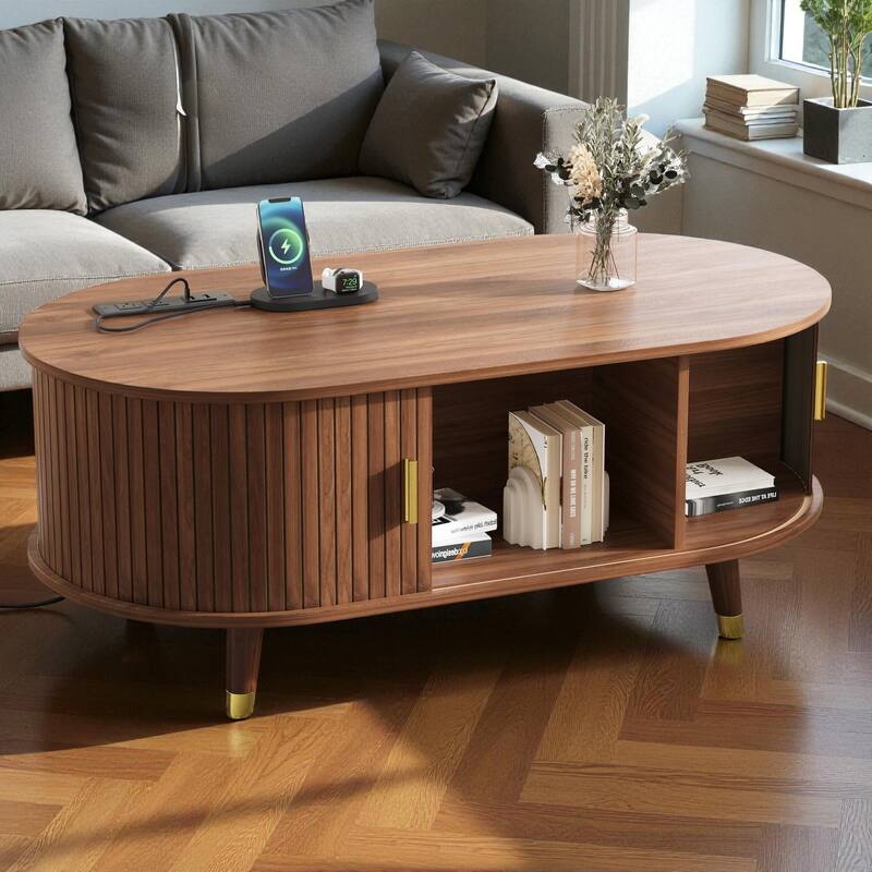 42.5'' Oval Fluted Coffee Table with Charging Station, Mid-Century Tambour Door Center Table with Solid Wood Legs