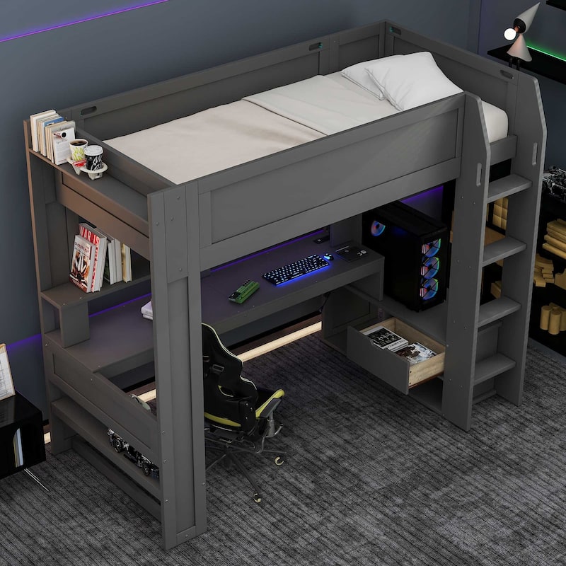 Solid MDF Gaming Loft Bed with Desk & Shelves