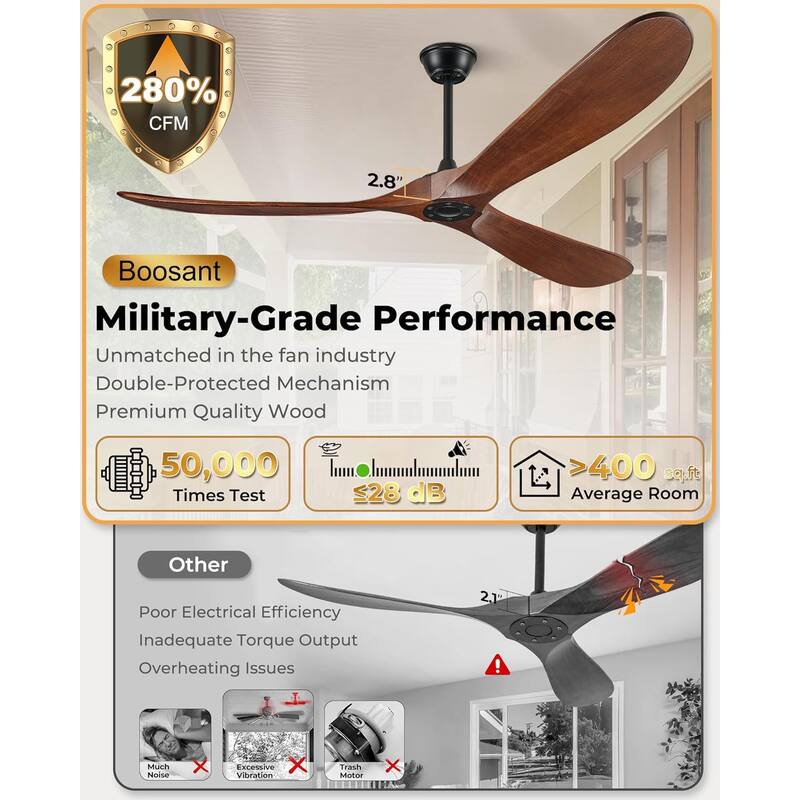60"Solid Wood Ceiling Fan without Light With Wall Switch and Remote Control,6 Speed,3 Blades Ceiling Fans for Patio,Indoor