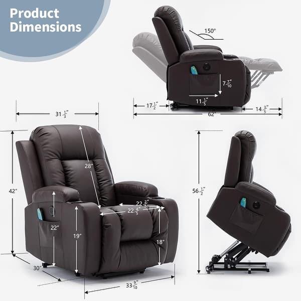 dimension image slide 5 of 7, EROMMY Oversized Power Lift Recliner with Massage & Heat – PU Leather Chair with Pockets, Cup Holders & USB Port