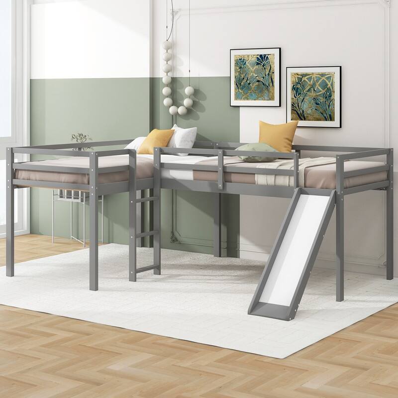 L-Shaped Twin Size Wood Loft Bed with Ladder and Slide