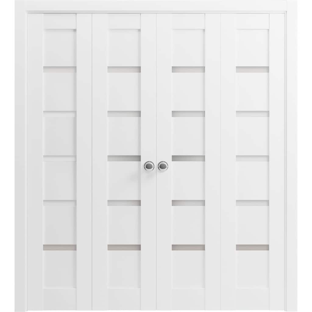 SartoDoors Quadro 4117 | Closet Door Bi-fold Door | Solid Wood w/ Glass | Hardware Set | 72x80, White Silk