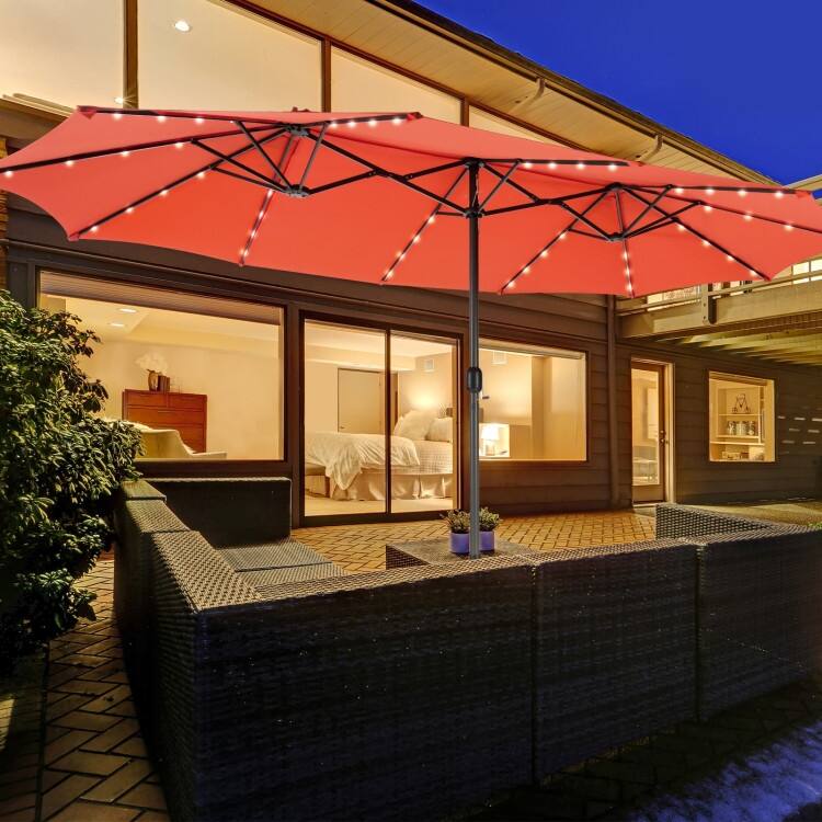 15FT Double Sided Patio Umbrella with LED Lights and Hand Crank Canopy