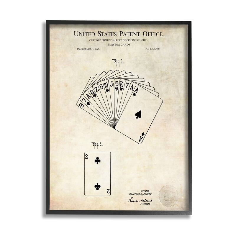 Stupell Vintage Playing Cards Patent Diagram Blueprint Text Framed Wall Art - Beige