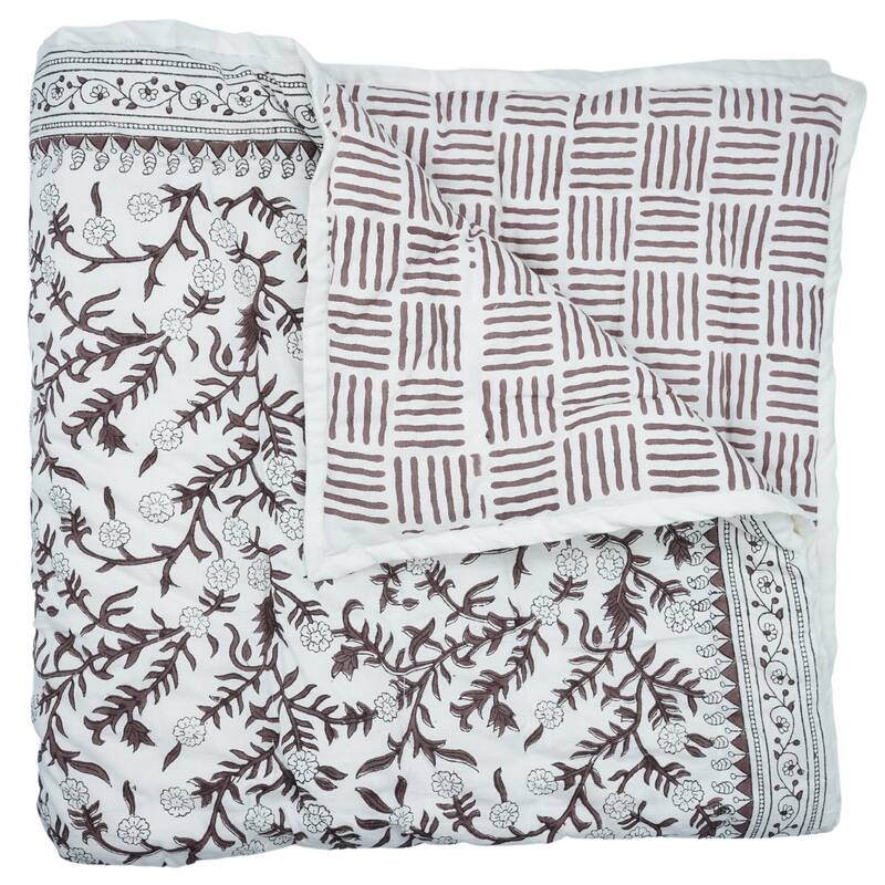 Fabdivine Bohemian Hand Block Print Cotton Quilt - Ethnic Home Décor, Shejan Brown, Handmade Reversible Bedspread