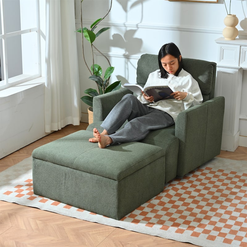 Oversized Chair w/Storage Ottoman, Wide Accent Armchair Chair, Modern Lounge Chair, Upholstered Mid-Century Reading Chair - Dark Green