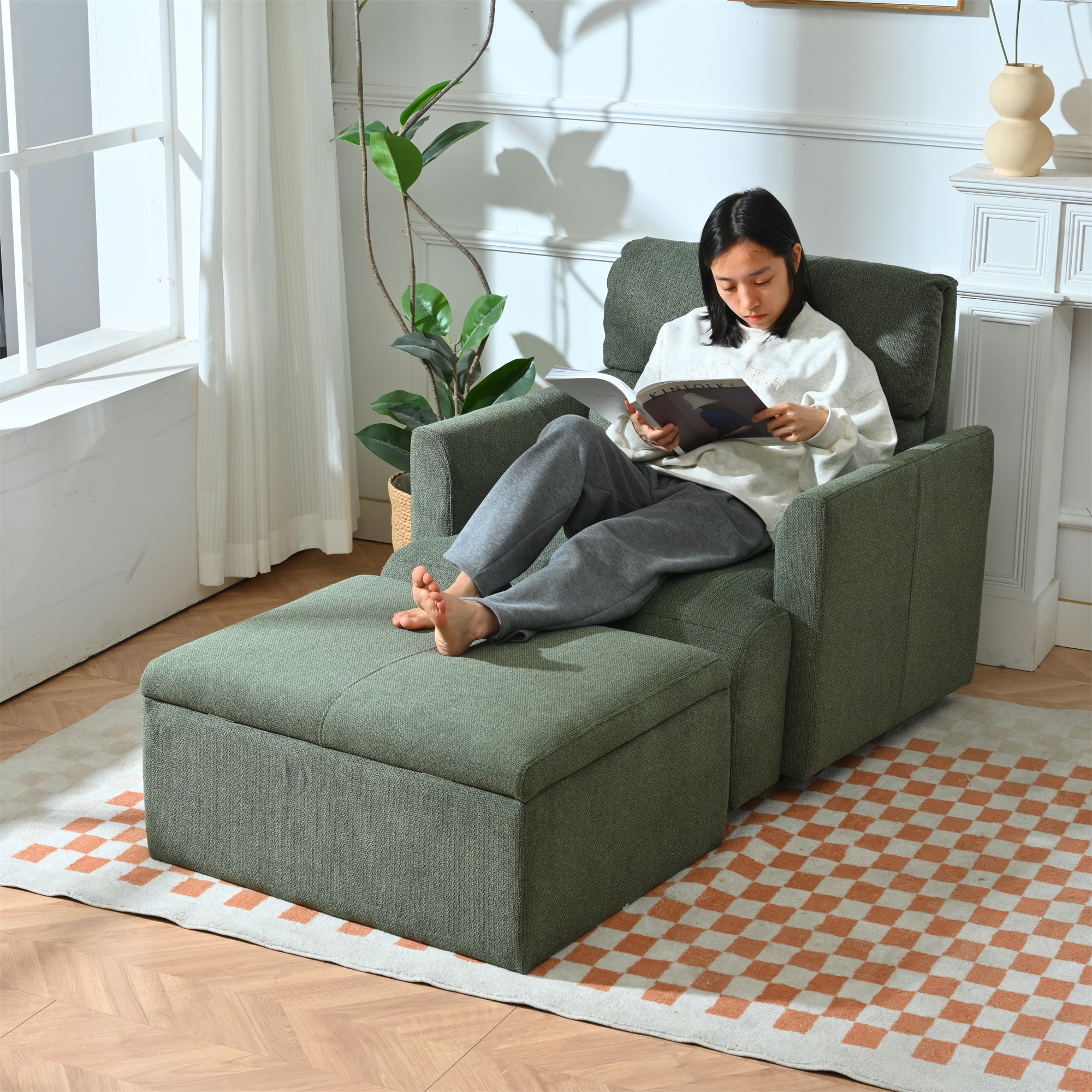 Oversized Chair w/Storage Ottoman, Wide Accent Armchair Chair, Modern Lounge Chair, Upholstered Mid-Century Reading Chair