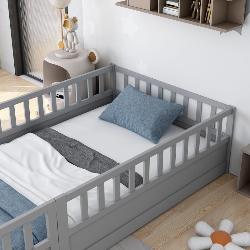 Twin Size Pine Wood Floor Bed, Integral Construction with Super High Security Barrier, Door, Children's Floor Bed Frame