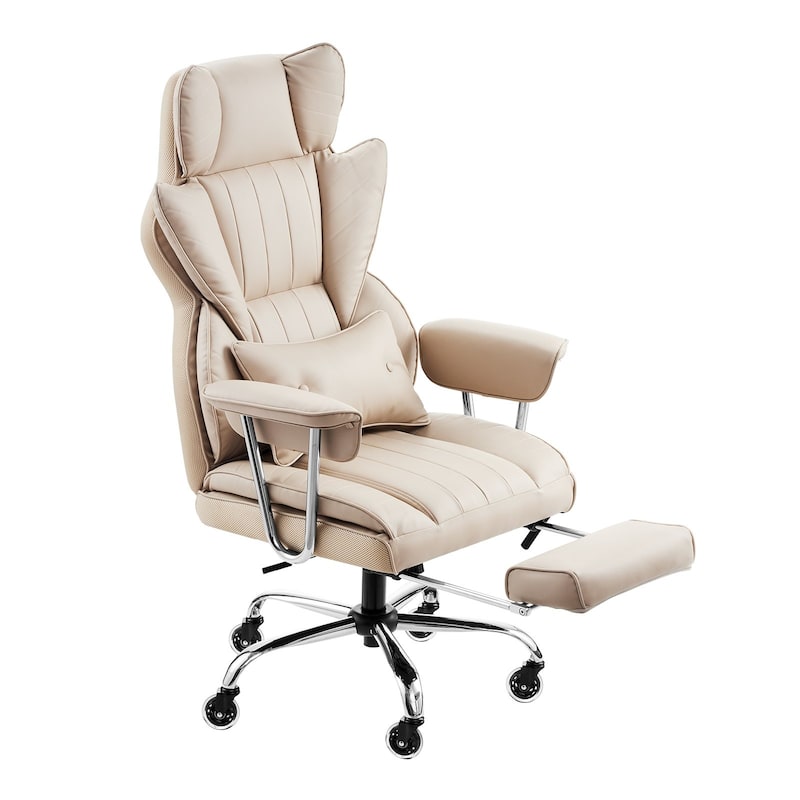 PU Leather Ergonomic Reclining Chair with Footrest & Wheels - 29.1 x 29.1 x 50 inch