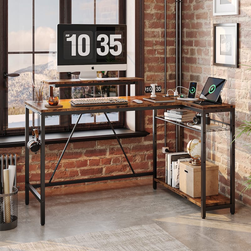 Reversible L Shaped Desk LED Computer Desk with Power Outlets and Monitor Stand Office Desk