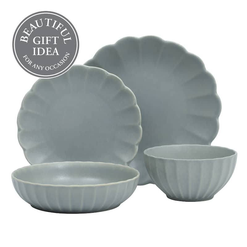 Gibson Elite Malibu Shore 16 Piece Scallop Stoneware Reactive Glaze (Service for 4) Ceramic Plates and Bowls Dinnerware Set