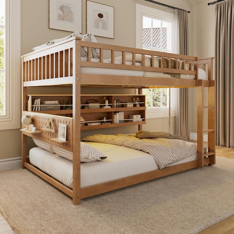 Full XL over Queen/Full over Full Bunk Bed with Integrated Shelving, Color-Changing Lights & Pegboard