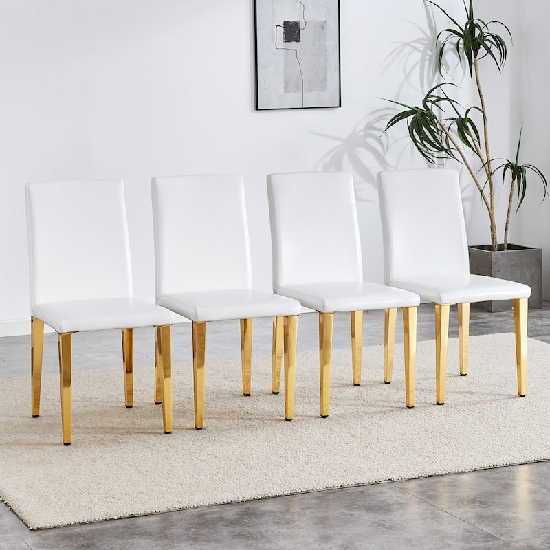 Dining Chairs Set of 4,Modern Kitchen & Dining Room Chairs,Faux Leather Cushion Seat Metal Legs - White+Gold