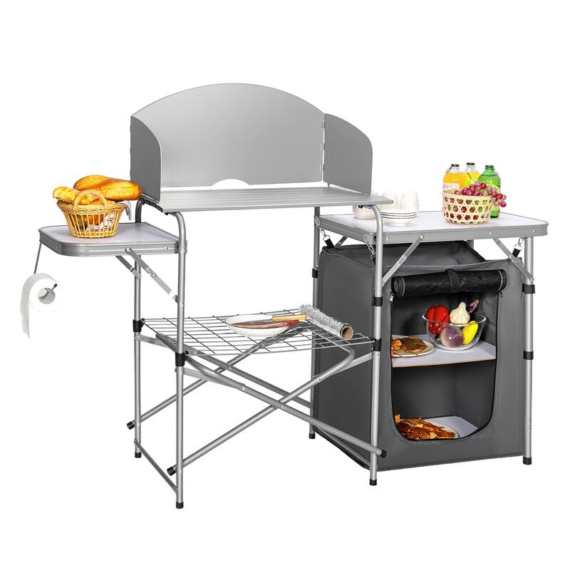 Costway Foldable Camping Table Outdoor BBQ Portable Grilling Stand - Grey