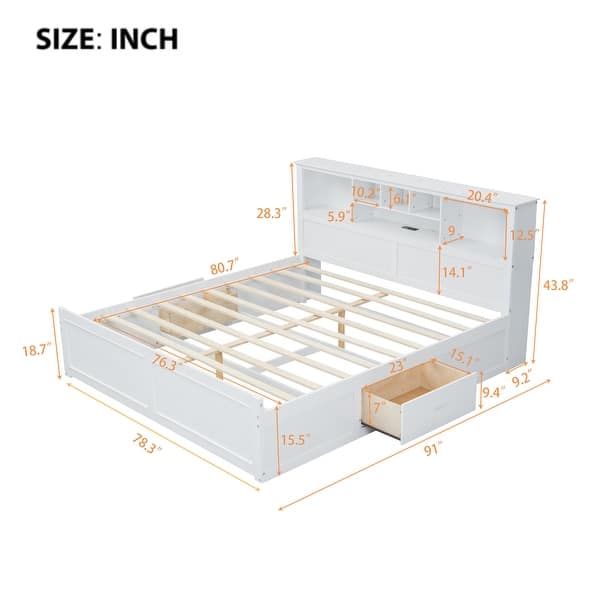 dimension image slide 1 of 2, King Size Wood Platform Bed with Multi-storage Headboard, USB and Drawers, White