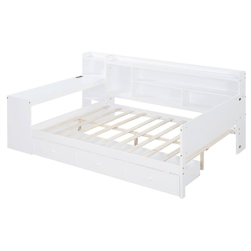 Twin/Full Daybed with 3 Storage Drawers and Bedside Desk, Wooden Day Bedframe Sofa Bed with Storage Shelves and USB Ports