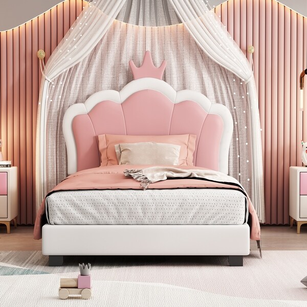 Enchanting Cream & Pink Twin Princess Bed with Crown Headboard