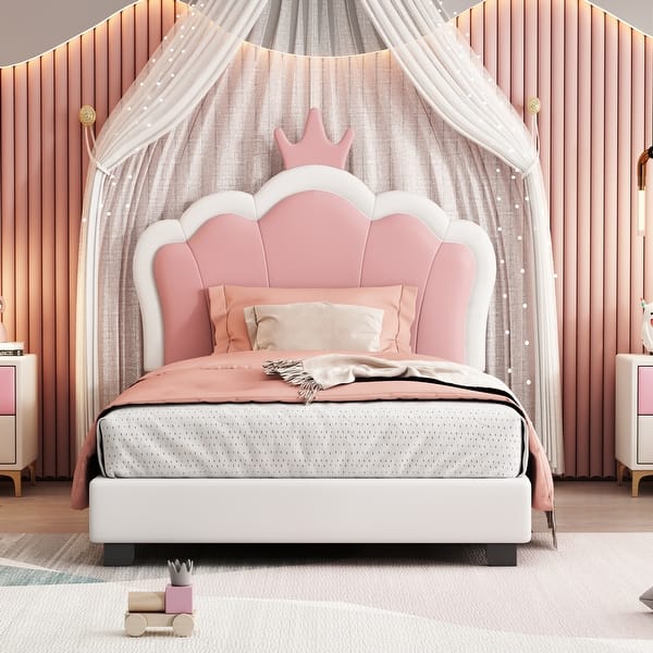 slide 2 of 9, Twin Size Upholstered Princess Bed with Crown Headboard, Platform Bed with Headboard and Footboard, White+Pink