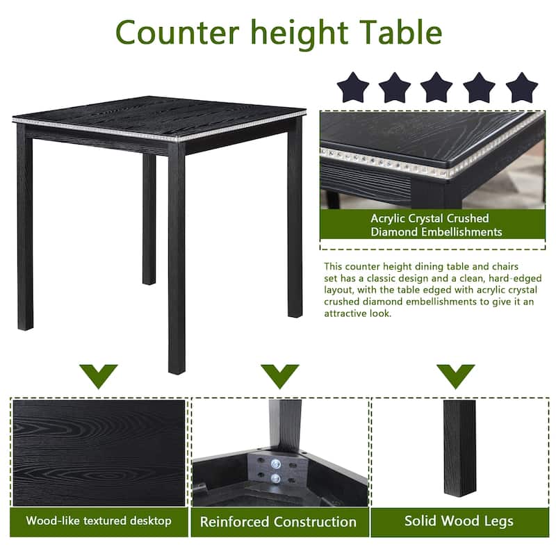 5 Piece Counter Height Table Set, Wooden Kitchen Table Set with Square Table and 4 Upholstered Chairs for Kitchen