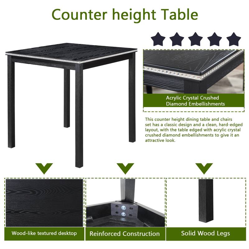 Wooden Kitchen Table Set Counter Height Table Chairs Set with Crystal Accent Square Table and 4 Upholstered Chairs