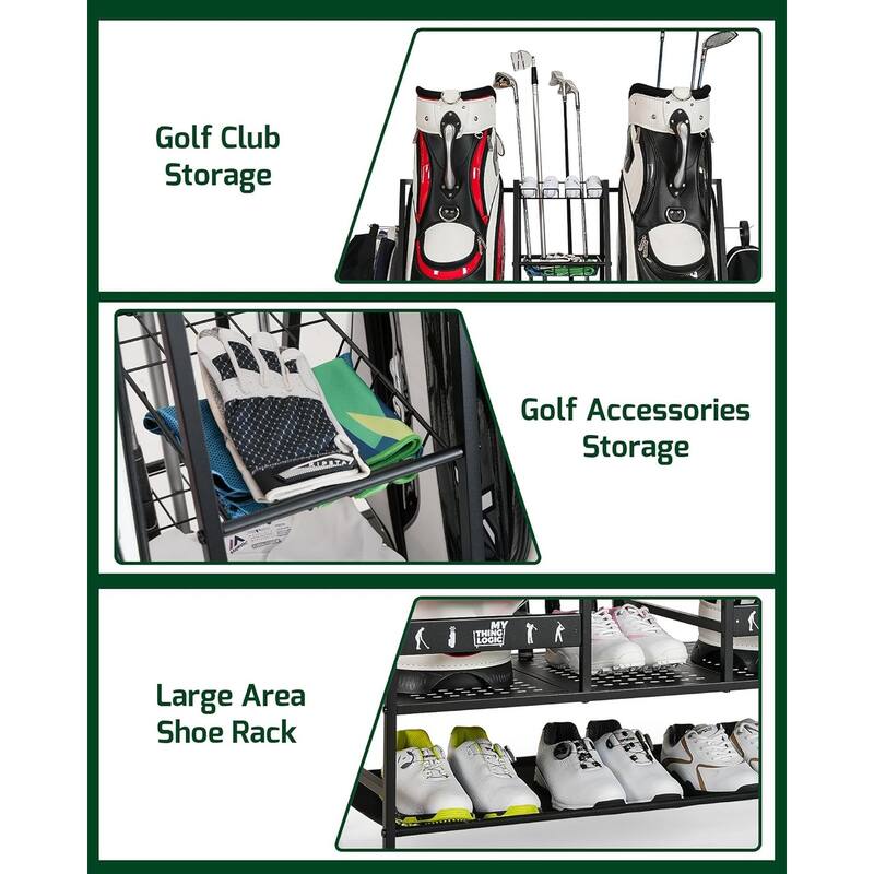 2 Golf Bag Stand Rolling Storage Rack for Clubs Shoes and Accessories