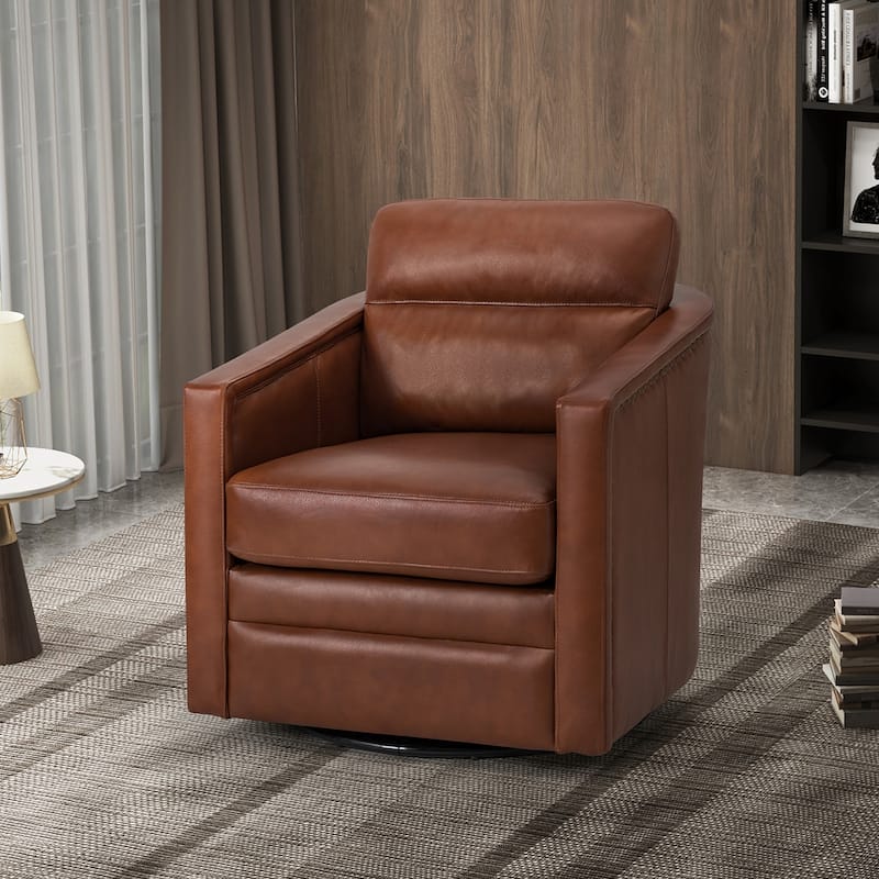 Jorge 28.74" Wide Genuine Leather Swivel Chair with Arms - BROWN