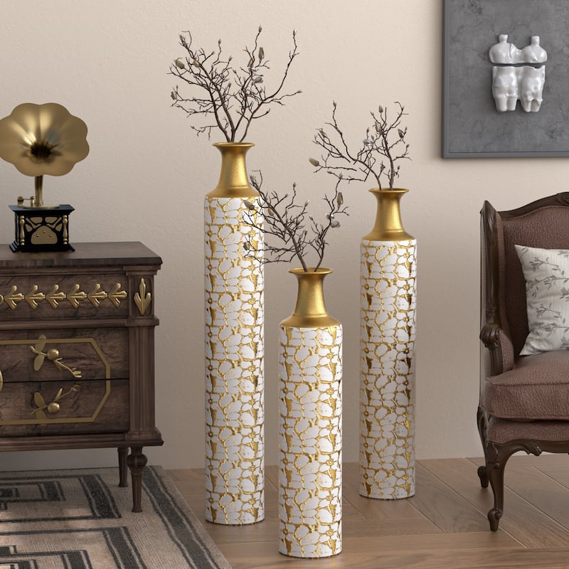 Floor Metal Decorative Vase Tall Distressed Metallic Centerpiece Vases with Pattern, Set of 3 Vases - Antique White