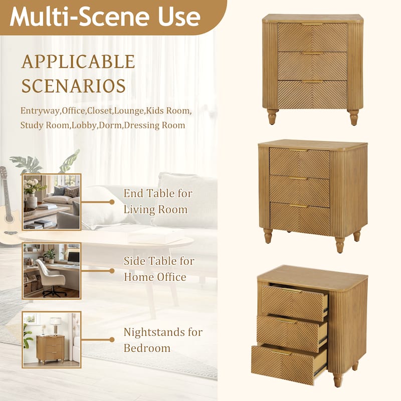 Mid-Century Fluted 3-Drawer Nightstand - Curved Profile + Gold Glossy Handles, Easy Assembly (Natural) - Natural