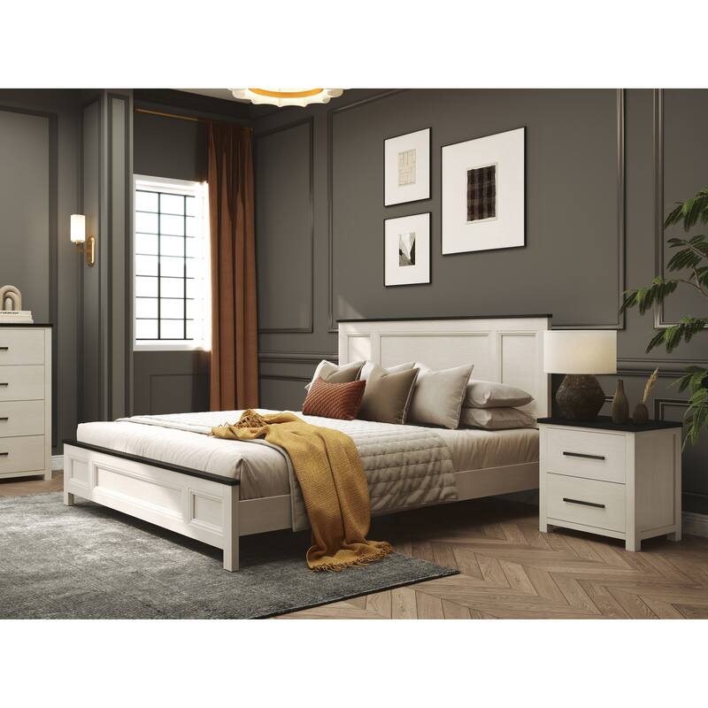 Roundhill Furniture Realynn 5-Piece Wood Bedroom Set, Panel Bed with Dresser, Mirror, Chest, and Nightstand, Off-White Finish