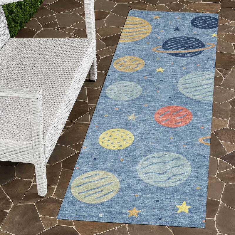 Machine Washable Indoor/ Outdoor Modern Planets Chantille Rug - Blue - 2'3" x 7'6"