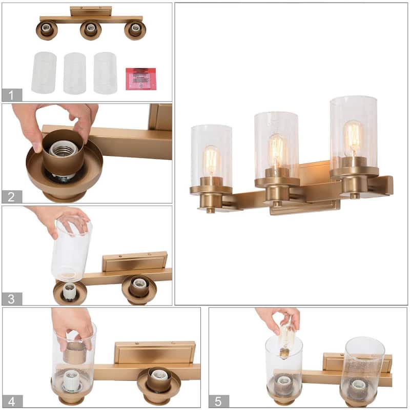 Modern Gold 3-Light Bathroom Vanity Light Cylinder Glass Wall Sconce