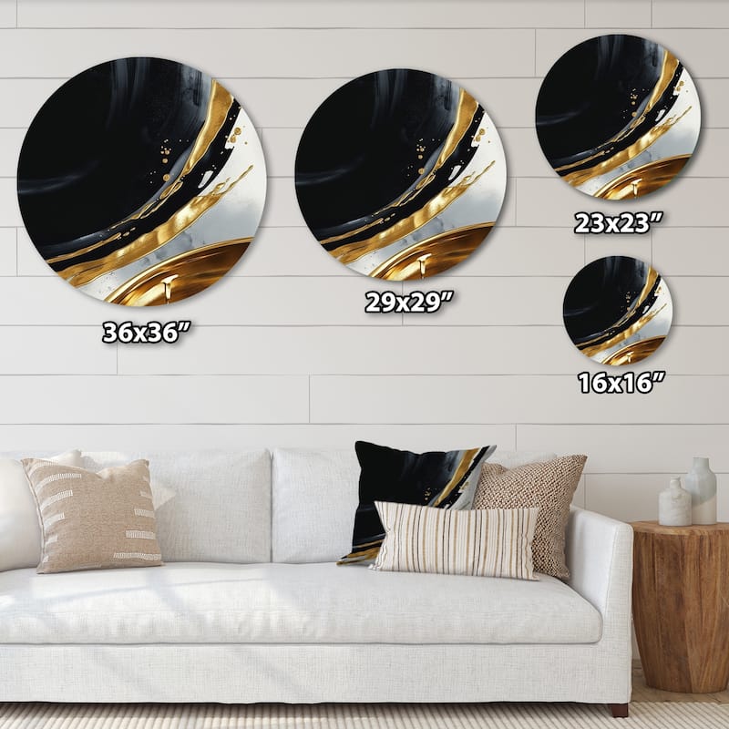 Designart "Black Gold Abstract Shapes Marble I" Abstract Marble Metal Round Wall Art