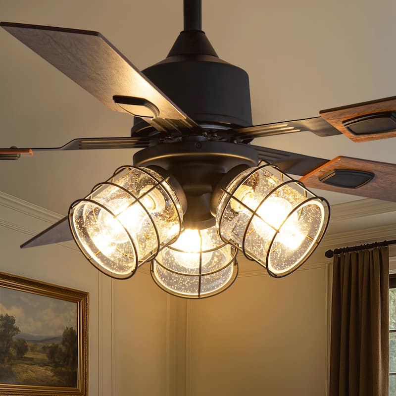 52" Industrial Reversible 5-Blade Glass Shade Ceiling Fan with Light and Remote - Matte Black - Remote
