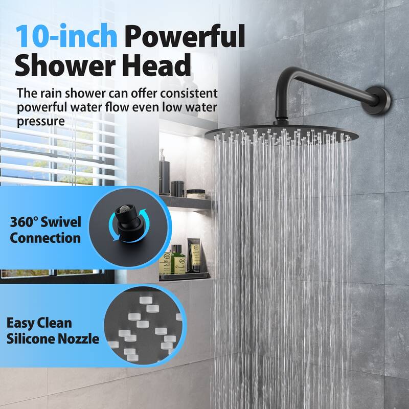 2-Functions Wall Mount Shower System Rainfall Shower Head - Matte Black 10 inch