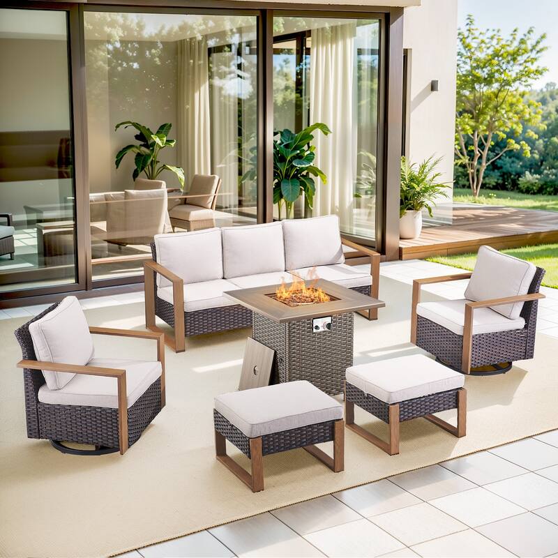 Pocassy 4/6/8PCS Sofa Swivel Chair with Fire Pit Table Set - Brown Wicker Beige Cushion - 6-Piece Sofa Swivel Chair Ottoman with Fire Table