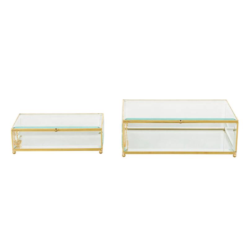 Clear Glass Beveled Decorative Jewelry Box with Gold Metal Frame and Chain Accent (Set of 2)